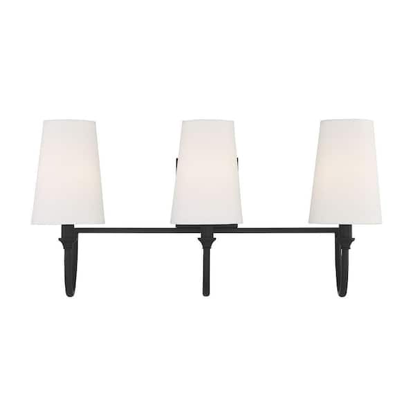 Savoy House Cameron 24 in. W x 12 in. H 3-Light Matte Black Bathroom Vanity Light with White Fabric Shades