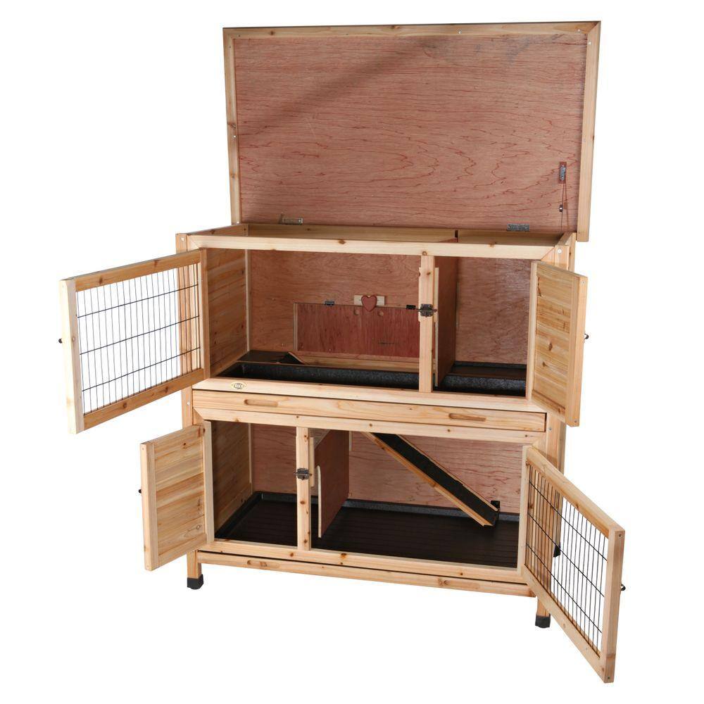 Natural Wooden 2-Story Guinea Pig and Rabbit Hutch with Ramp