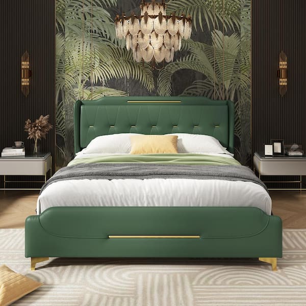 Salas Queen Size Modern Upholstered PU Leather Platform Bedframe with Gold Metal Accents and Wingback Headboard, Green