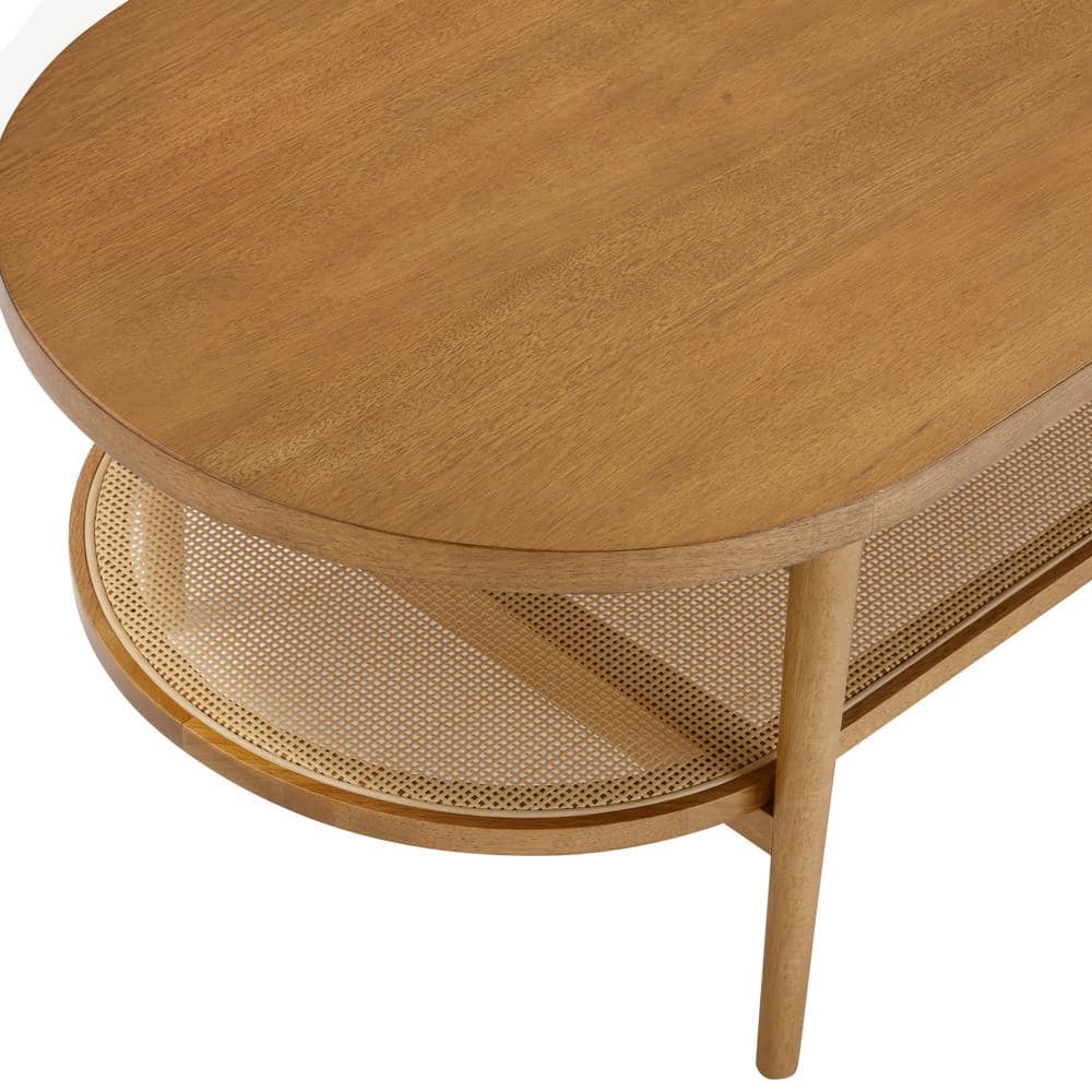 Honey Brown Oval Wood Coffee Table with Storage Shelf