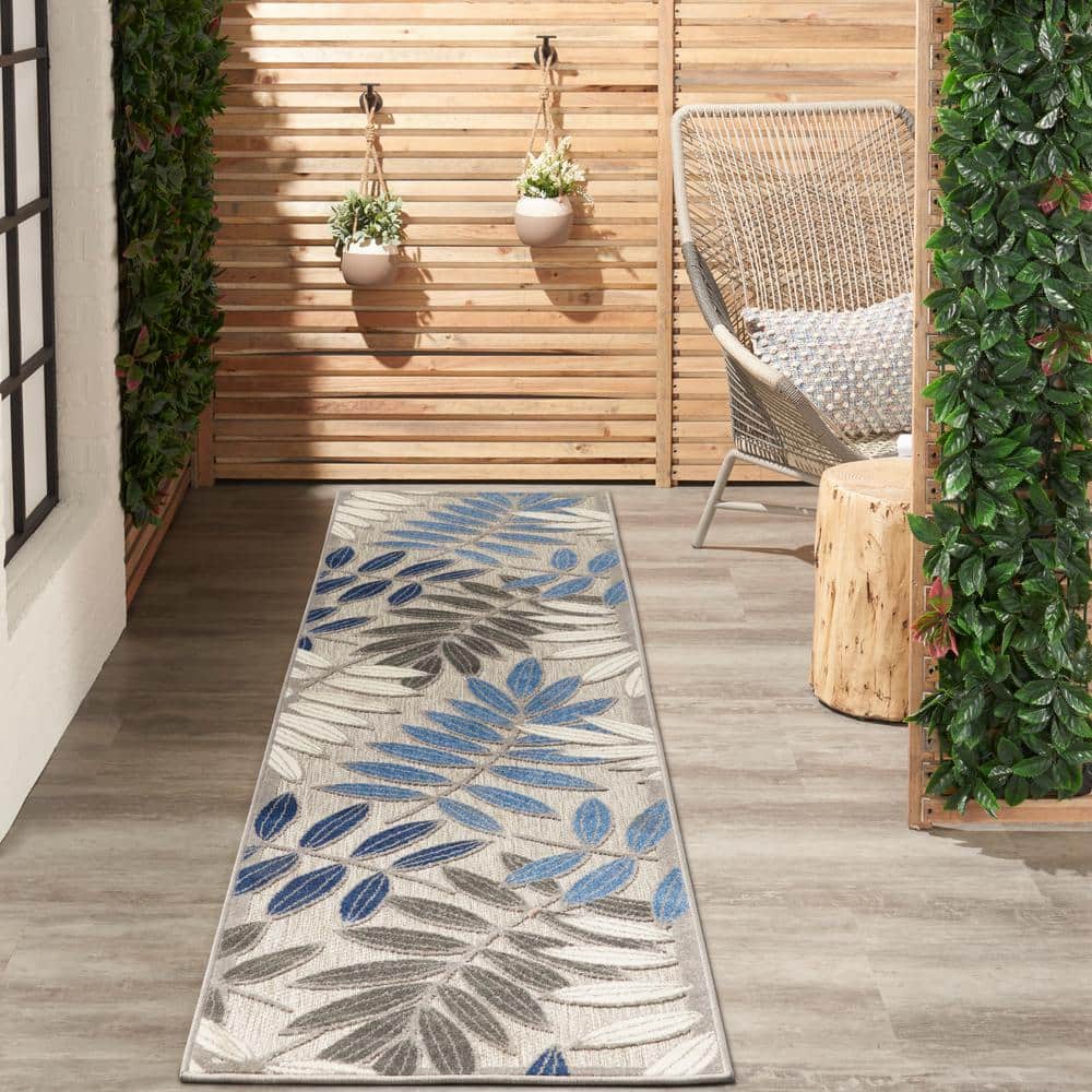 Lively Leaf Design 32" Round Blue/Grey Synthetic Area Rug