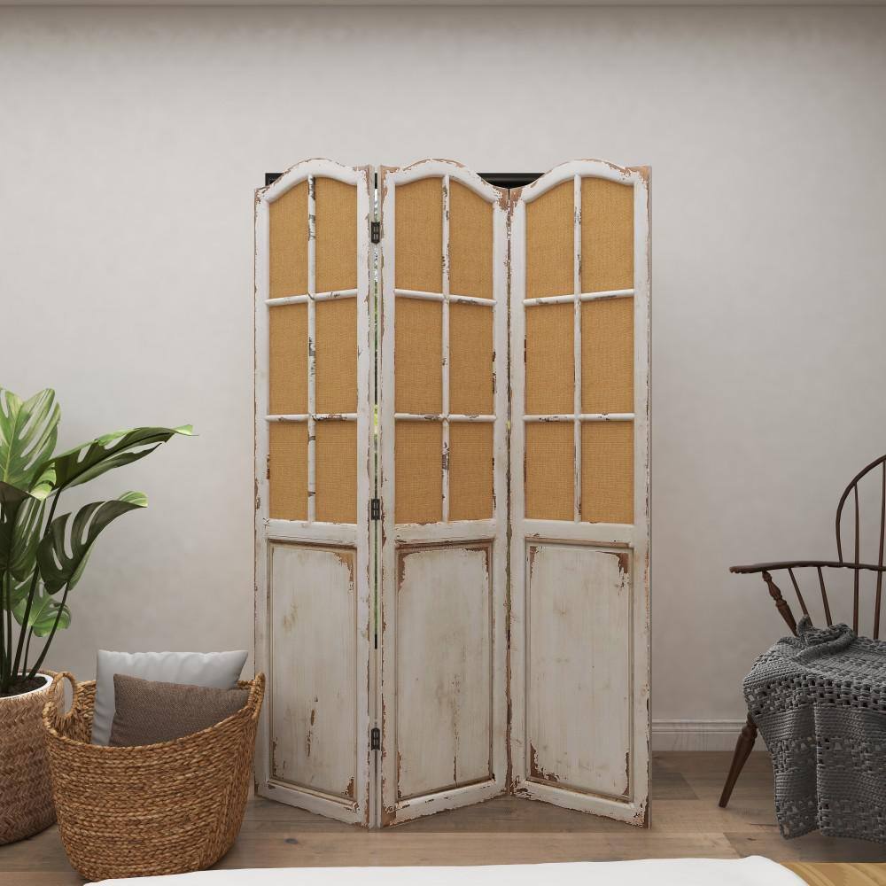 Beige and White Fir Wood Triple Panel Folding Privacy Screen