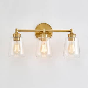 21.6 in. 3-Light Antique Brass Bathroom Vanity Light with Clear Glass Shades