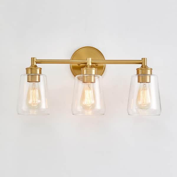 21.6 in. 3-Light Antique Brass Bathroom Vanity Light with Clear Glass Shades
