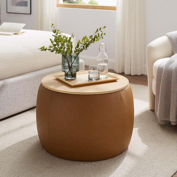 MODWAY Perla Round Faux Leather Storage Ottoman in Tan