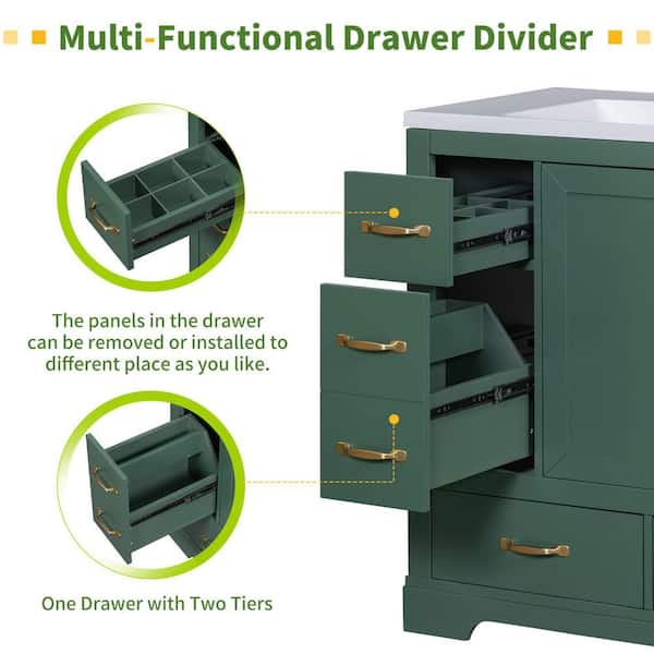 36 in. W Single Sink Freestanding Bath Vanity in Green with White Ceramic Top, 6-Drawers and Adjustable Shelf