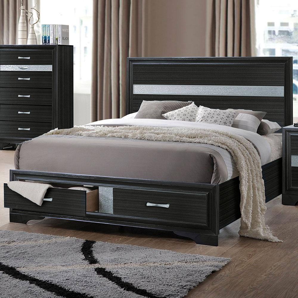 Black Queen Upholstered Bed with Storage Drawers and Slats