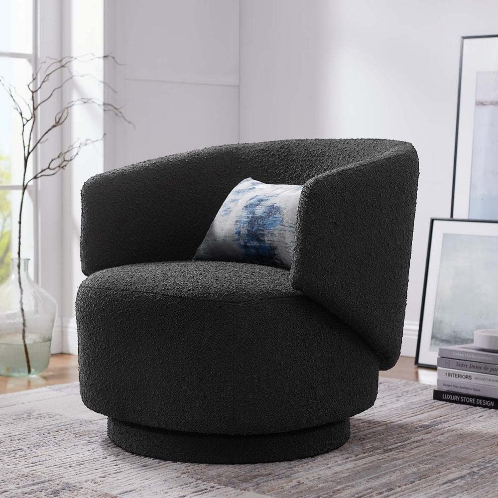 MODWAY Celestia Boucle Fabric Fabric And Wood Swivel Chair In Black EEI ...