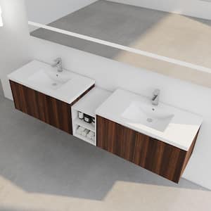 82.9 in. W x 18 in. D x 19.3 in. H Double Sink Floating Bath Vanity in Walnut with White Resin Top and 2 Tier Cabinet