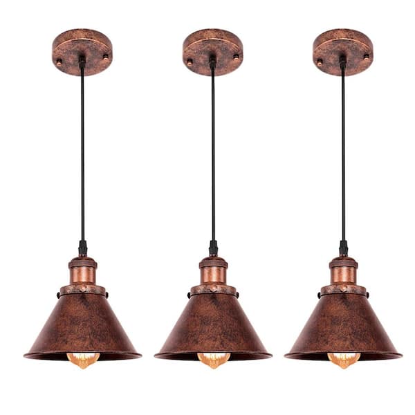 HUOKU BARN 1-Light Copper Hanging Barn Pendant Light with Cone Metal Shade and 78 in. Adjustable Cord (3-Pack)