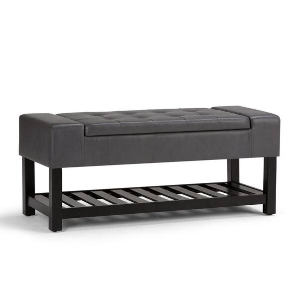 Simpli Home Finley 44 in. Contemporary Ottoman Bench in Stone Grey Faux Leather