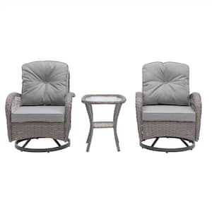 Instructor 3-Piece Wicker Patio Swivel Rocker Chairs Conversation Set with End Table, Grey Cushions