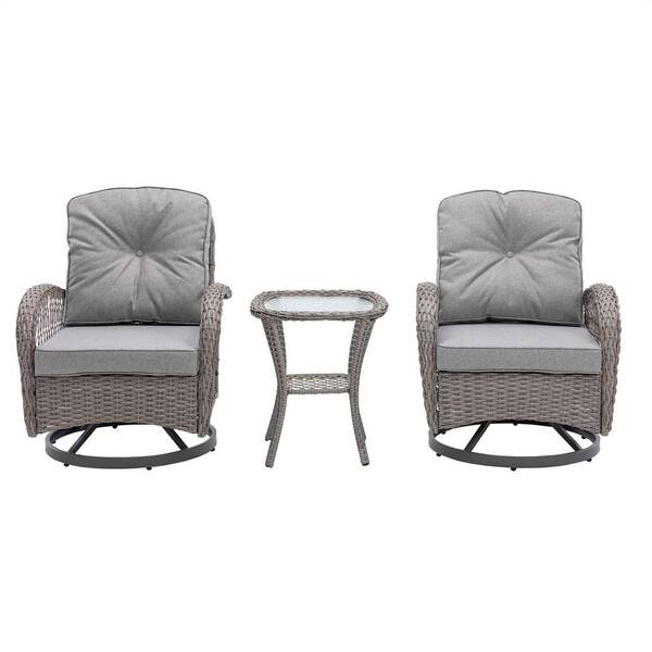 DIRECT WICKER Instructor 3-Piece Wicker Patio Swivel Rocker Chairs Conversation Set with End Table, Grey Cushions