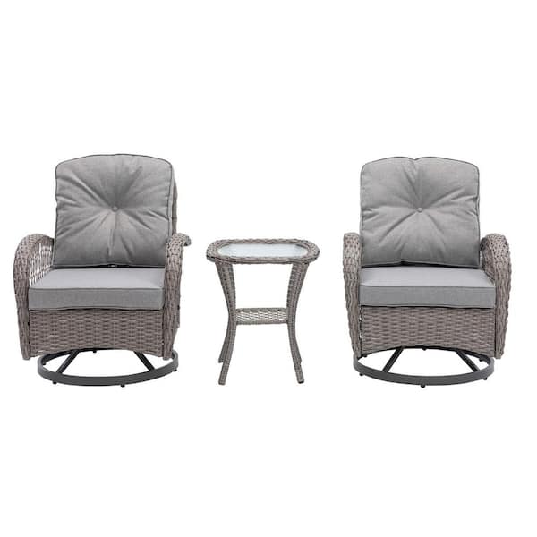 DIRECT WICKER Instructor 3-Piece Wicker Patio Swivel Rocker Chairs Conversation Set with End Table, Grey Cushions