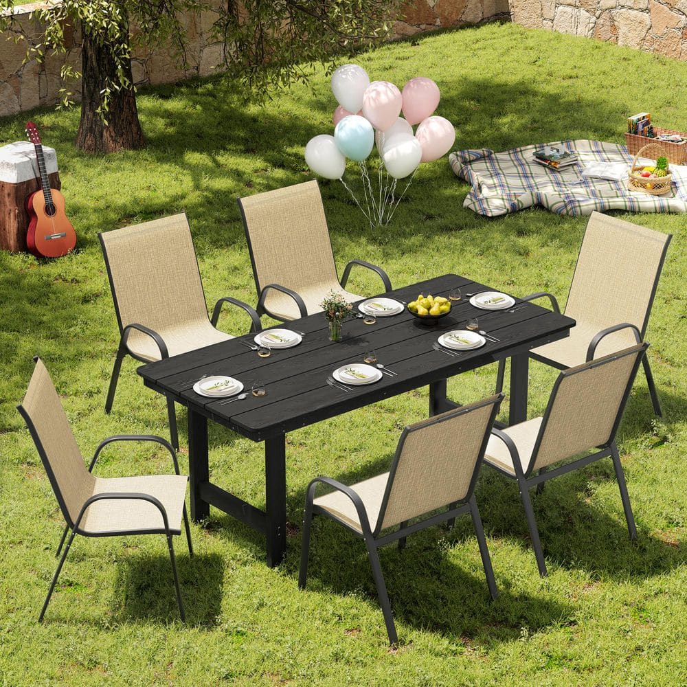 7-Piece Plastic Rectangular Outdoor Dining Set, HDPE Patio Table and 6 Light Khaki Textilene Stackable Chairs for Lawn price history on PriceWatchPro