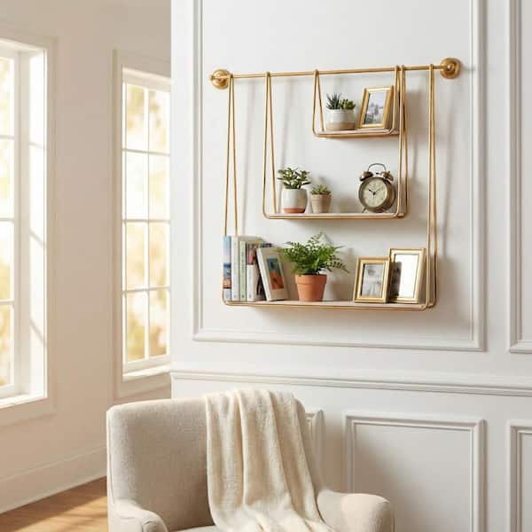 White 39 in. x 5 in. Metal and Wood 3-tier Hanging Decorative Accent Wall Shelf
