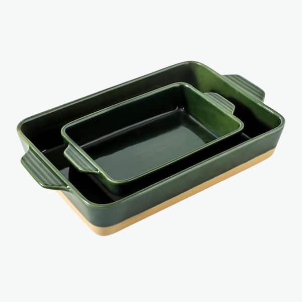 2-Piece Ceramic Square Baking Dish Set Porcelain Bakeware with Handles Deep Oven Safe Casserole Pan Forest Green
