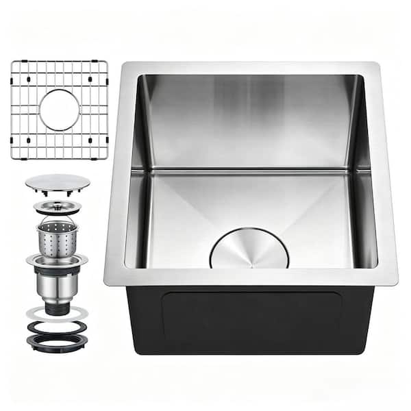 18-Gauge Brushed Stainless Steel 15 in. x 15 in. Undermount Bar Sink, Single Bowl Kitchen Sink with Rinse Grid