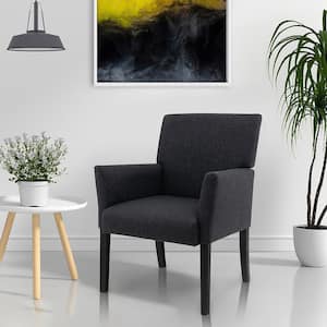 Linen Fabric Executive Cushioned Ergonomic Guest Chair Reception Arm Chair in Black with Rubber Wood Legs