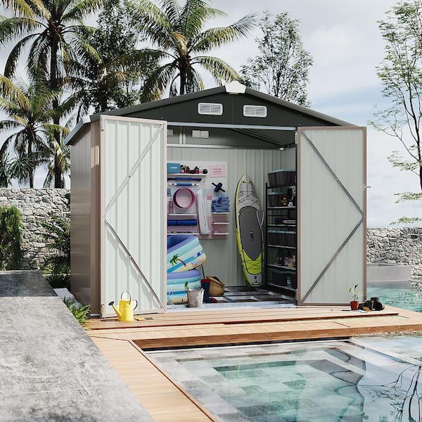 8 ft. W x 6 ft. D Brown Metal Storage Shed with Metal Base Frame Floor, Lockable Door and Vents for Garden (48 sq. ft. )