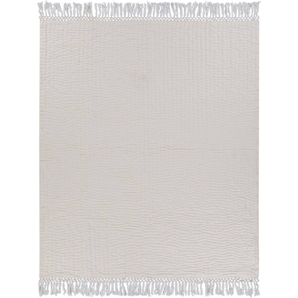 Ivory Cotton Reversible Throw Blanket with Fringe