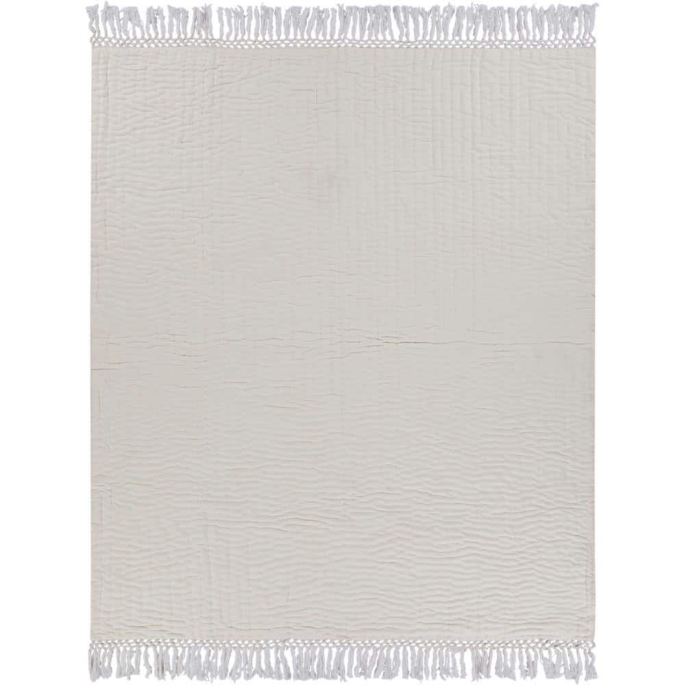 Ivory Cotton Reversible Throw Blanket with Fringe