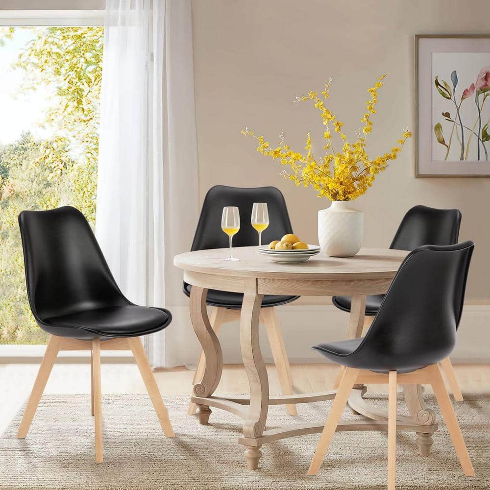 Black Faux Leather Upholstered Dining Side Chairs with Wood Legs, Set of 4