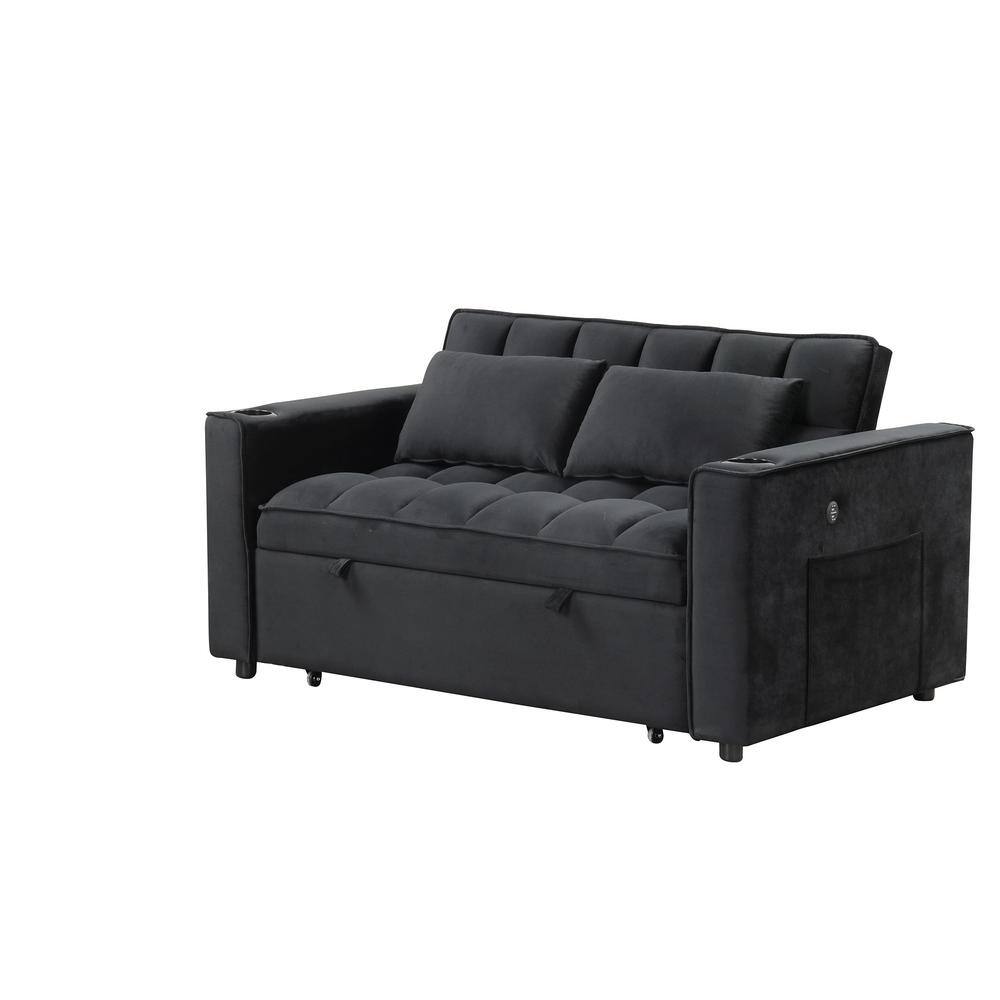 55.3 in. Square Arm Velvet Rectangle Sofa with Cup Holder and USB Port in. Black