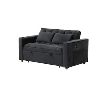 55.3 in. Square Arm Velvet Rectangle Sofa with Cup Holder and USB Port in Black