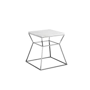 18 in. White and Silver Square Marble End Table with Open Hourglass Frame