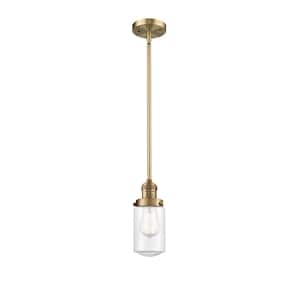 Dover 1 Light Brushed Brass Drum Pendant Light with Clear Glass Shade