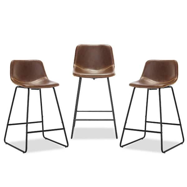 33.5 in. Dark Brown Faux Leather Bar Stools Metal Frame Counter Height Bar Stools (Set of 3)