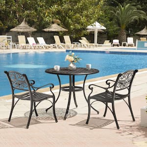 Black with Gold-Painted Edge 3-Piece Cast Aluminum Outdoor Bistro Set with Umbrella Hole