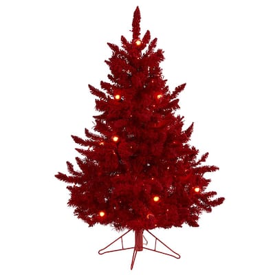 4 ft. Red Pre-lit Flocked Fraser Fir Artificial Christmas Tree with 100 Red Lights, 14 Globe Bulbs