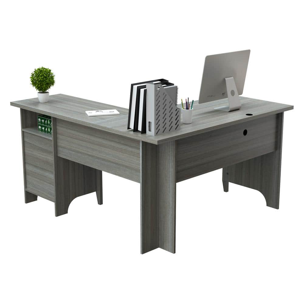 Luxe Gray Smoke Oak L-Shaped Computer Desk with Storage