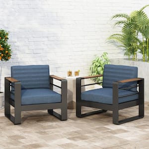 Negley Black Aluminum Outdoor Patio Lounge Chair with Blue Cushions, Set of 2