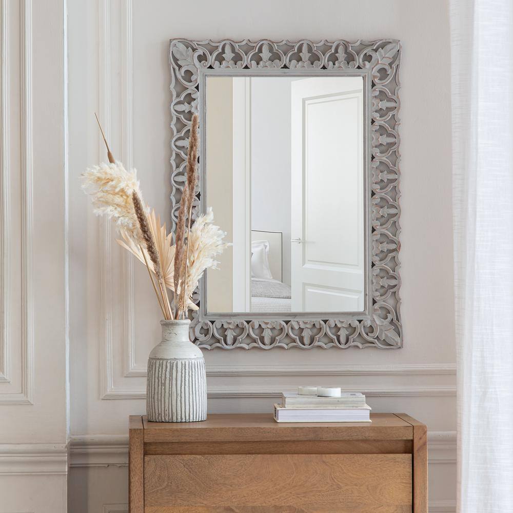 Calie Distressed Grey 25" Ornamental Wood Wall Mirror