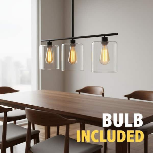 31 in. 3-Light Black Linear Pendant Light with Clear Glass Shades, Kitchen Island Hanging Fixture, LED Bulbs Included