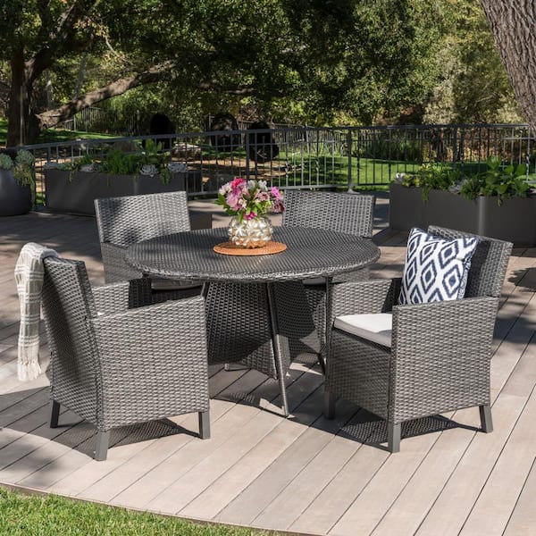 Noble House Cypress 28.25 in. Grey 5-Piece Metal Round Outdoor Patio Dining Set with Light Grey Cushions