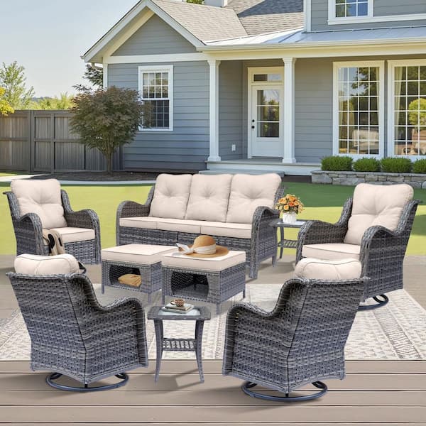 DWIOM Gray 9-Piece Wicker Outdoor Patio Conversation Set Swivel Rocking Chairs with Beige Cushions and Ottomans