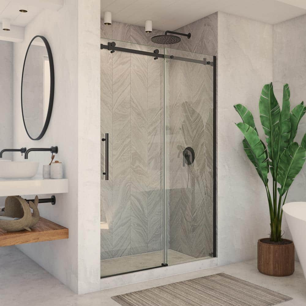 Matte Black Frameless Sliding Shower Door with Clear Glass