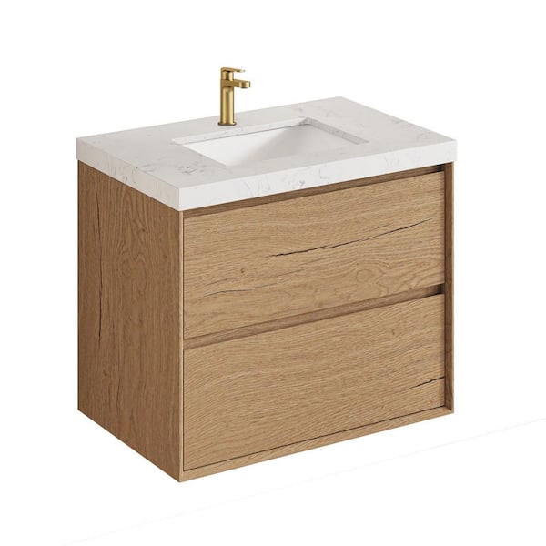Aeroline 30 in. W x 19.29 in. D x 25.59 in. H Single Sink Float Natural Oak Bath Vanity w/Sar White Engineered Stone Top
