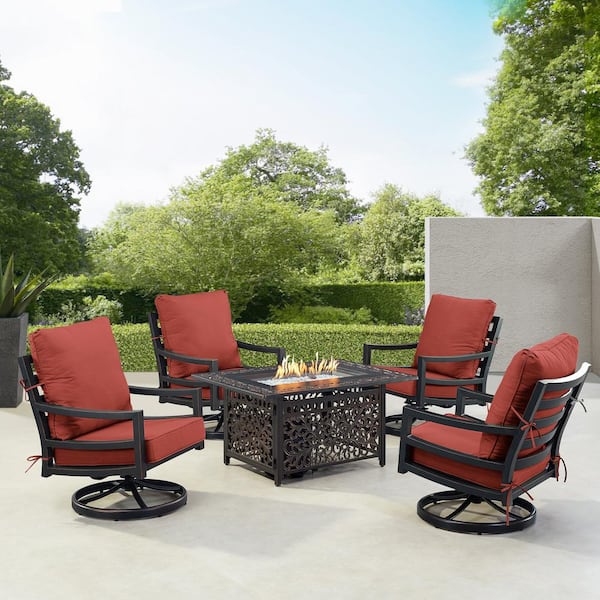 Oakland Living Black 6-Piece Aluminum Patio Fire Pit with 4-Club Chairs Red Cushions