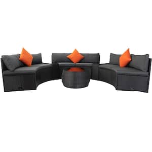 6-Piece Patio Wicker Outdoor Sectional Set with 2 Storage Box Under Seat and Dark Grey Cushion
