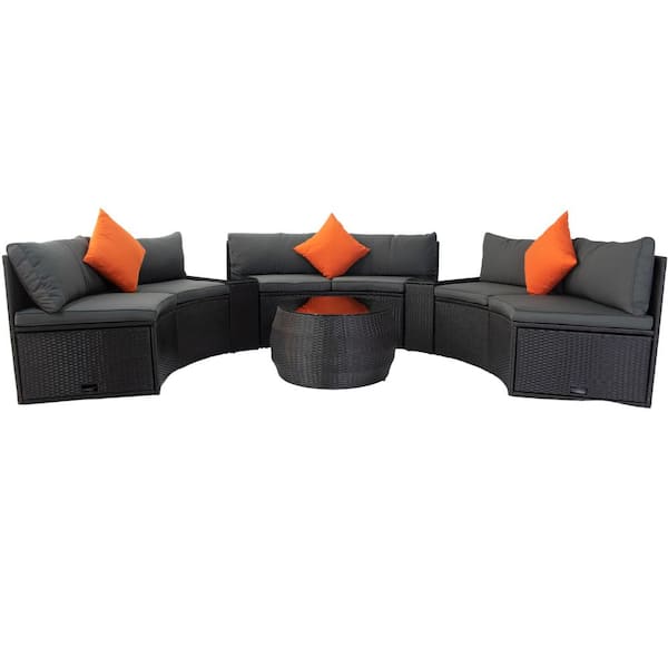 Boosicavelly 6-Piece Patio Wicker Outdoor Sectional Set with 2 Storage Box Under Seat and Dark Grey Cushion