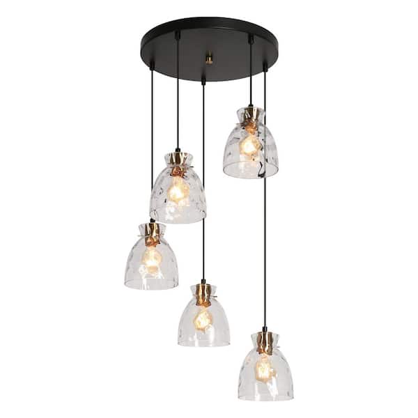 5-Light Transitional Black and Brass Cluster Chandelier with Water-Rippled Clear Glass Shades
