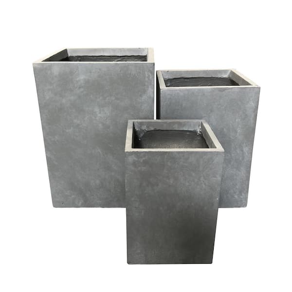 KANTE 19 in. Tall Slate Gray Lightweight Concrete Square Outdoor Planter (Set of 3)