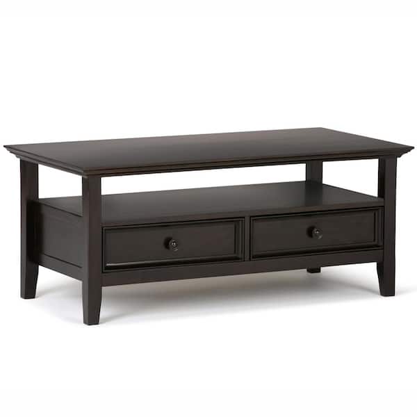 Simpli Home Amherst 45 in. Hickory Brown Large Rectangle Wood Coffee Table with Drawers