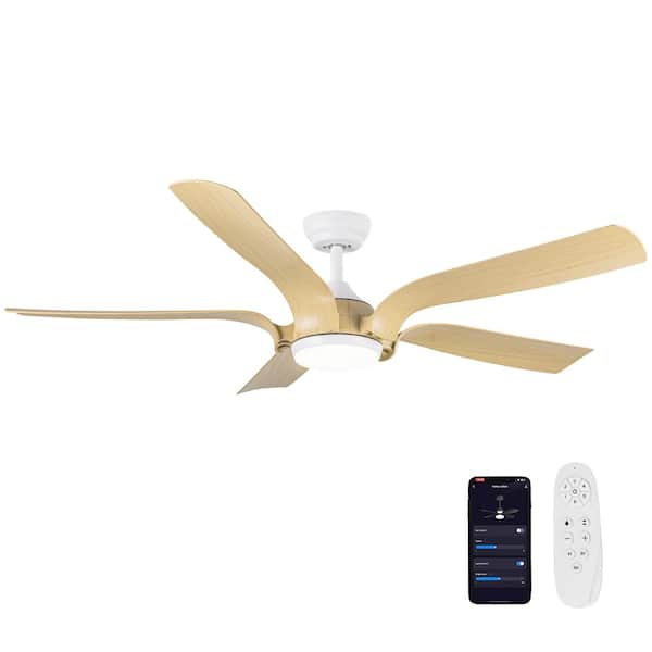 PUDO 56 in. Integrated LED Indoor White Ceiling Fan Lighting with 5 ABS Blades and APP Control