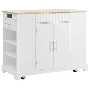 48.5 in. W White Kitchen Cart with Power Outlet, Kitchen Islands with Locking Wheels, 3 Drawers and 3 Side Racks